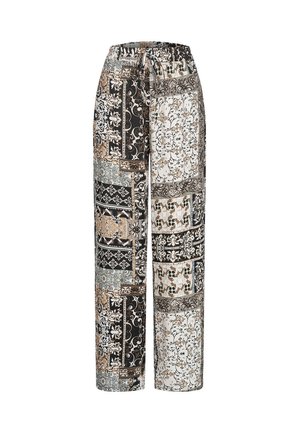 Bredbenede bukser med en blanding af sort, hvid og beige patchwork-mønstre. Blødt stof, elastisk taljebånd med justerbar snøre.