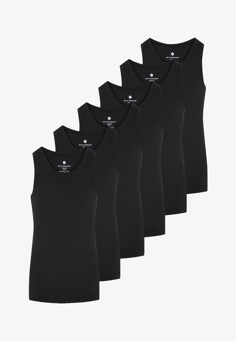Sæt af seks sorte tank tops, lavet af blødt stof, med rund halsudskæring og ærmeløs design. Glat tekstur og minimalisk stil.