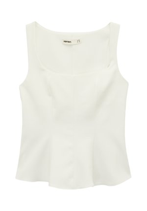 Wit mouwloze blouse met brede schouderbanden en een vierkante halslijn, voorzien van een getailleerde taille en subtiele naaddetails.