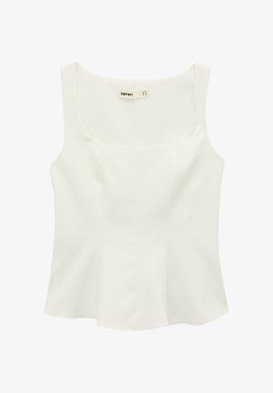 Wit mouwloze blouse met brede schouderbanden en een vierkante halslijn, voorzien van een getailleerde taille en subtiele naaddetails.