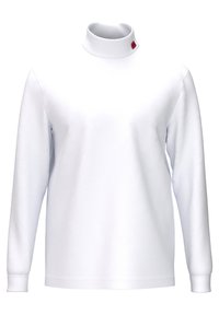 Camiseta blanca de manga larga de cuello alto, hecha de una tela suave, que presenta un logo rojo en el cuello y detalles de costura plana.