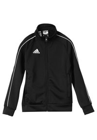 Zwarte Adidas zip-up jack van een gladde stof, met witte zijstrepen, een hoge kraag, ribgebreide manchetten en zijzakken.