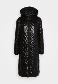 Cappotto imbottito nero, lucido, con cappuccio, caratterizzato da un motivo a rombi, zip full-length e maniche lunghe.