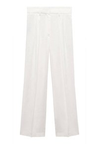 Pantaloni albi cu picioare largi, confecționați dintr-un material ușor, având talie înaltă, pliseuri și un design croit. Textură netedă cu un finisaj curat.