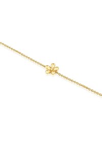 Pulsera de cadena de oro que presenta un diseño central de flor con pétalos redondeados, textura brillante, detalles intrincados y un patrón de cadena trenzada.