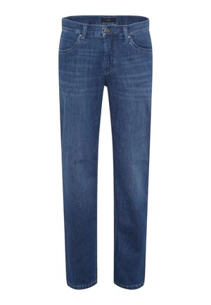 Jeans in denim blu scuro con taglio dritto, design a cinque tasche e chiusura con bottone in metallo. La trama è liscia con dettagli di leggera sfumatura.