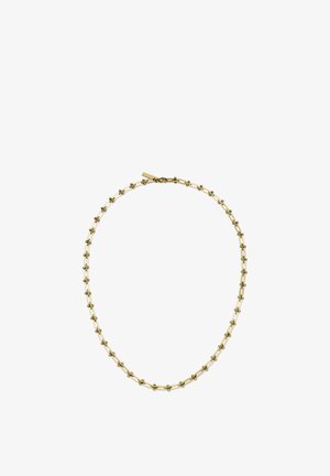 Zarte goldene Halskette mit abwechselnden kleinen Schlaufen- und kreuzförmigen Gliedern, gesichert mit einem Karabinerverschluss.