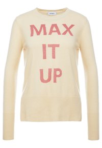 Pull en créme avec des poignets et un ourlet côtelés, arborant le texte rose "MAX IT UP" affiché de manière proéminente à l'avant. Tissu doux et texturé.