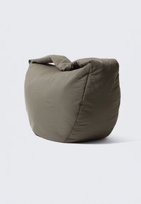 Large olive-green fabric bean bag chair with soft, crumpled folds against a plain light background.