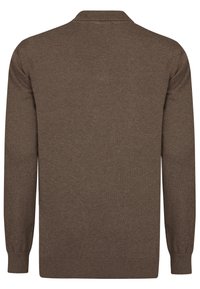 Brun strikket cardigan med krave, lange ærmer og ribbede manchetter og kant. Blød tekstur, enkelt design, ingen synlige mønstre.