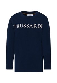 Granatowa koszulka z długim rękawem wykonana z bawełny, z okrągłym dekoltem i białym logo "TRUSSARDI" na klatce piersiowej, napisanym wyraźną czcionką.