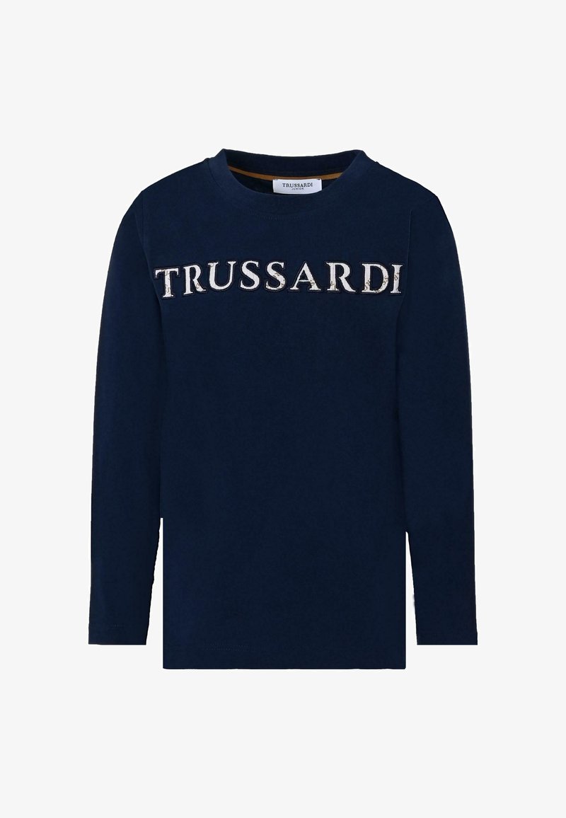 Granatowa koszulka z długim rękawem wykonana z bawełny, z okrągłym dekoltem i białym logo "TRUSSARDI" na klatce piersiowej, napisanym wyraźną czcionką.