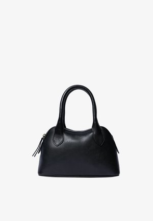 Schwarze Lederhandtasche mit abgerundeter Form, zwei Griffen und Reißverschluss. Verfügt über eine glatte Oberfläche und gestickte Details.