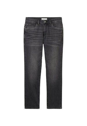 Blugi din denim gri închis cu croi drept, buzunare frontale și închidere cu nasture. Caracteristici subtile de decolorare și accente de cusătură.