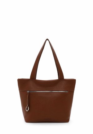 Sac fourre-tout en cuir marron avec une finition texturée, doté de deux poignées de shoulder et d'une poche zippée à l'avant avec un tirette en argent.