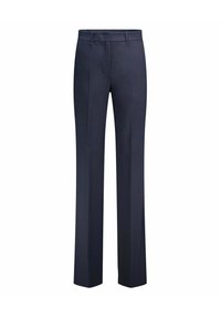 Marineblauwe broek, gemaakt van soepel materiaal, met een rechte pijpdesign, platte voorkant en geen zichtbare patronen of hardware-details.