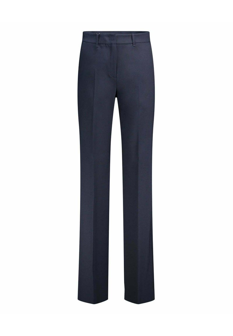 Marineblauwe broek, gemaakt van soepel materiaal, met een rechte pijpdesign, platte voorkant en geen zichtbare patronen of hardware-details.