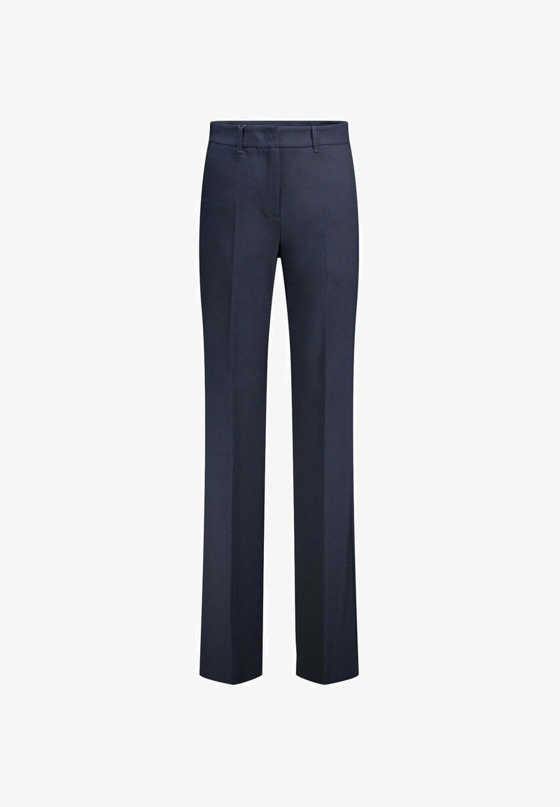 Pantalon de costume bleu marine, en tissu lisse, avec une coupe droite, un devant plat et sans motifs visibles ni détails métalliques.