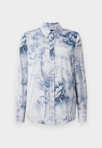 Camicia a maniche lunghe in morbido tessuto con un motivo floreale e di palme blu e bianche. Chiusura con bottoni e design con colletto classico.