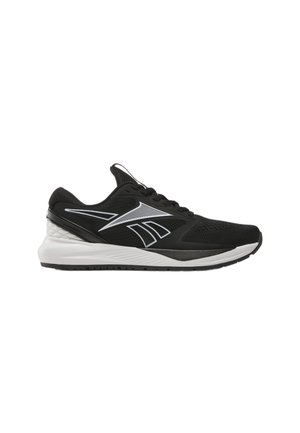 Zapatilla de running deportiva negra con suela blanca y detalles de logo plateados en el lateral, vista desde el lado exterior.
