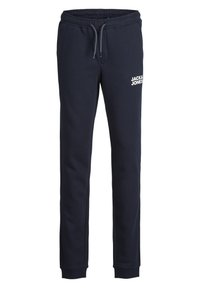 Pantaloni sportivi in cotone blu navy con cintura elastica, cordino regolabile e tasche laterali. Presentano un logo bianco sulla coscia destra.