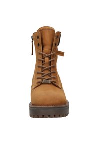 Braune Leder Schnürstiefel mit runder Zehenform, gepolstertem Schaft und Metallösen, ausgestattet mit einer strukturierten Gummisohle und einem seitlichen Reißverschluss.