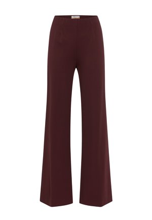 Bordeaux wijde broek met een zachte, gestoffeerde stof en subtiele voorplooien. Heeft een aansluitende tailleband en een enkellange snit.