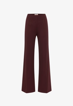 Bordeauxfarbene, weite Hosen mit glattem, strukturiertem Stoff und dezenten vorderen Falten. Sie verfügen über einen taillierten Bund und einem knöchellangen Design.