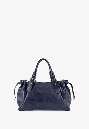 Sac à main en cuir noir avec deux poignées, accents en métal doré et côtés à cordon. Texture lisse avec une forme arrondie.