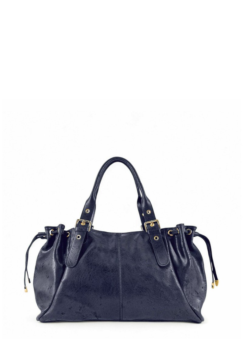 Sac à main en cuir noir avec deux poignées, accents en métal doré et côtés à cordon. Texture lisse avec une forme arrondie.