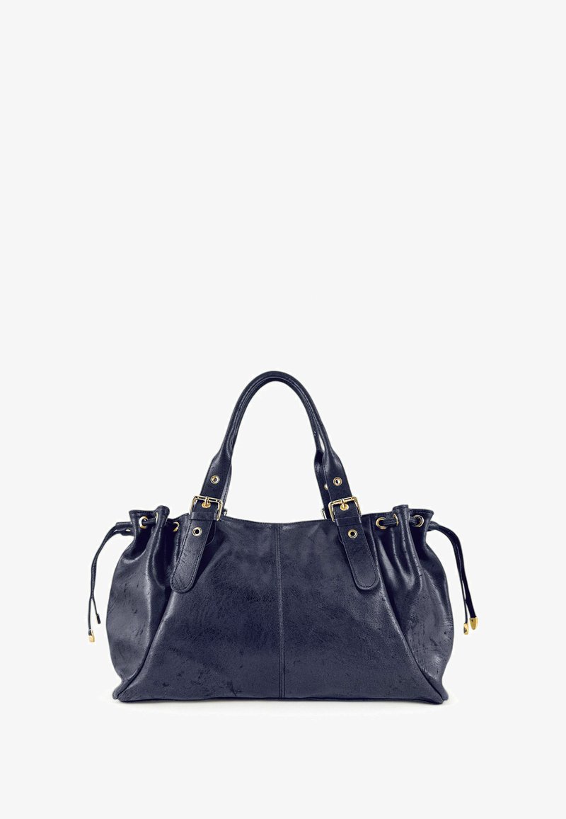 Sac à main en cuir noir avec deux poignées, accents en métal doré et côtés à cordon. Texture lisse avec une forme arrondie.