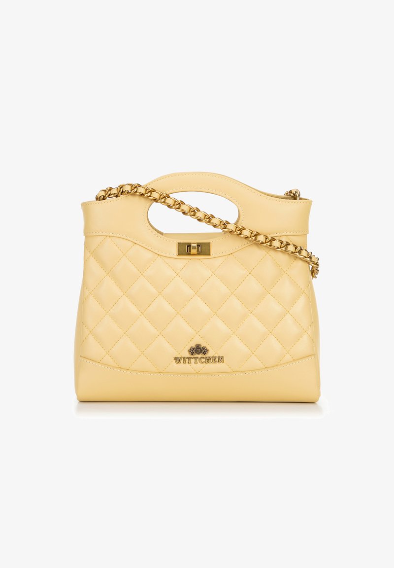 Geel gewatteerde handtas van leer, met een bovenhandvat, een ketting schouderband en een sluiting met een geperst logo detail.