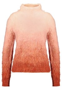 Pull à col roulé en tissu duveteux à manches longues avec un dégradé de couleurs allant du pêche clair en haut à l'orange profond en bas.