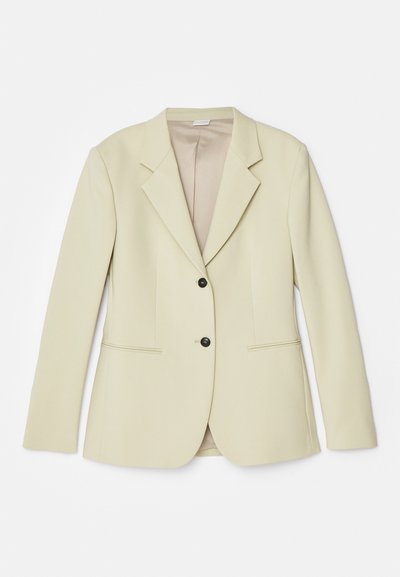 Blazer verde-claro, de design de corte simples com colarinho com notch, duas bolsos frontais e dois fechos de botão. Textura suave, forro completo.