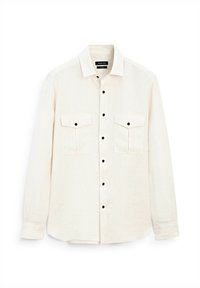 White long-sleeve shirt in a lightweight fabric, featuring a classic collar, two chest pockets, and contrasting black buttons.