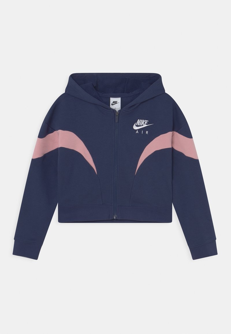 Marinblå kort hoodie med rosa vågmönster, dragkedja framtill och logotyp. Mjuk tyg med huva, lång ärm och ribbade manschetter.