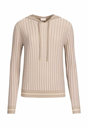 Hoodie en tricot beige avec texture en côtes verticales, capuche à cordon de serrage, manches longues et une bande claire contrastante à l'ourlet.