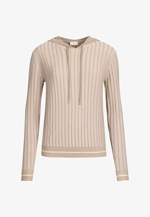 Felpa beige lavorata a maglia con texture a coste verticali, cappuccio con cordoncino, maniche lunghe e un contrastante bordo chiaro all'orlo.