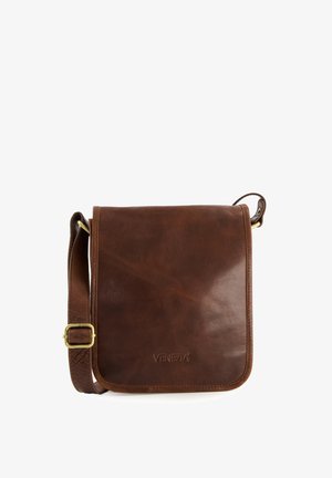 Brown leather crossbody bag with a smooth texture, flap closure, adjustable strap, and embossed logo on the front.