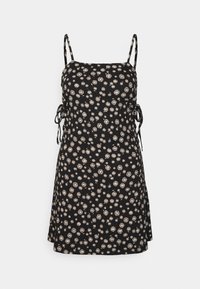 Vestido preto com um padrão de margaridas em creme, com alças finas nos ombros e laços laterais ajustáveis para um melhor ajuste. Tecido leve com uma silhueta descontraída.