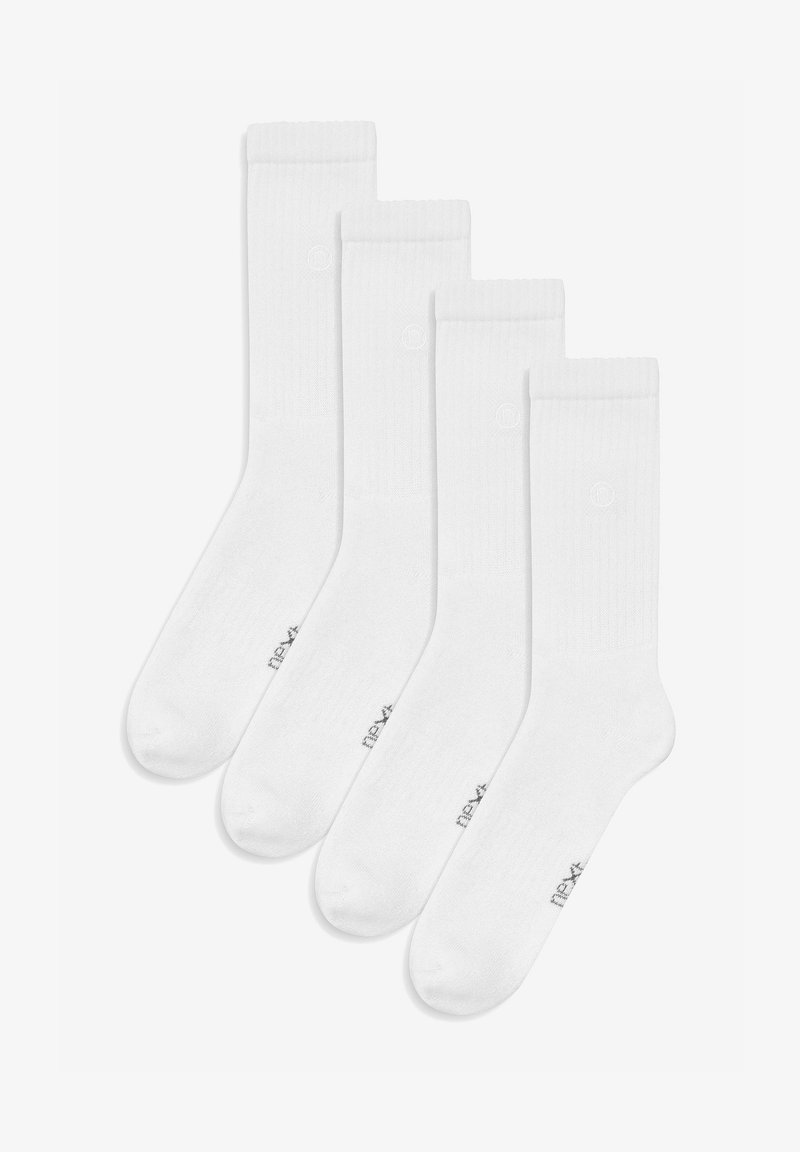 Chaussettes en coton blanc, cinq paires, texture côtelée, pointe et talon renforcés, avec un logo à la cheville en petite impression grise.