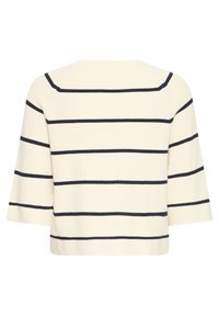 Krémový pletený sveter so širokými čiernymi horizontálnymi pásmi a tromi štvrťovými rukávmi, zobrazený zozadu.
