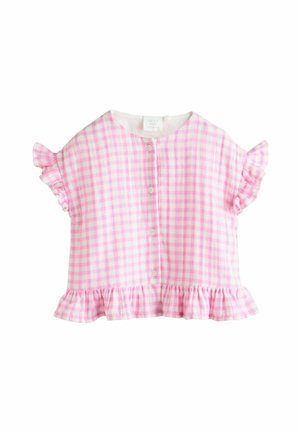 Top rosa a quadri con maniche corte e volant, scollatura rotonda e chiusura con bottoni; presenta un orlo a balze e una morbida texture in cotone.