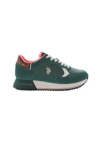 Zielone zamszowe i skórzane sneakersy z białym akcentem, różowym wykończeniem i ciemną gumową podeszwą. Posiadają logo po boku oraz kontrastowe materiały.