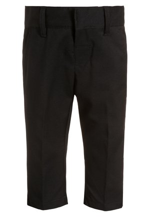Pantalon formel noir pour enfants, avec passants pour ceinture, fermeture avant par bouton et fermeture éclair, et coupe droite.