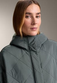 Quilted, hooded jacket in muted green; features diagonal stitching and a smooth texture. Close-up of the collar and neckline area.