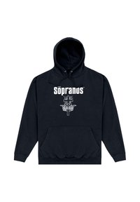 Felpa nera con tasca a marsupio frontale, caratterizzata da una grafica bianca con la parola "Sopranos" e un motivo di corona sotto un design incrociato.