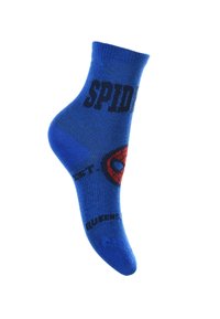 Blaue Socken mit schwarzem „SPIDER“-Text und einem roten Spider-Man-Logo. Hergestellt aus einem weichen Material mit einem gerippten oberen Rand und einer engen Passform.