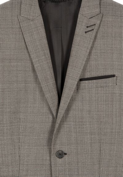 Grau karierter Blazer mit Reverskragen, einreihiger Knopfschluss und einer Brusttasche. Strukturiertes Gewebe mit einem sauberen Innenfutter.