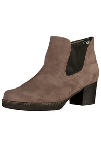 Bottine en daim marron avec un bout arrondi, des panneaux latéraux élastiques, un talon noir texturé et des coutures discrètes le long de la semelle.